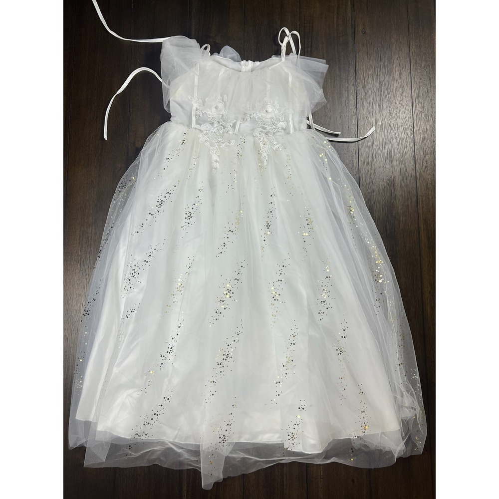 White Tulle Gold Sequin Flower Girl Dress Floral Lace Formal Gown Youth 14-16